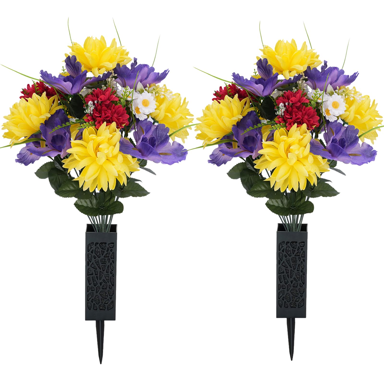 Memobloom artificial memorial flowers close-up with yellow mums and purple iris, durable for year-round graves.