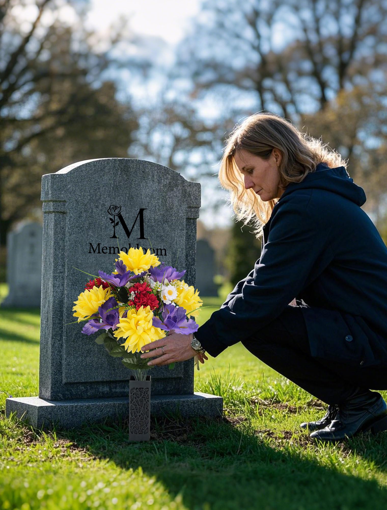 Memobloom cemetery bouquet displayed on gravestone offers a refined, enduring tribute.