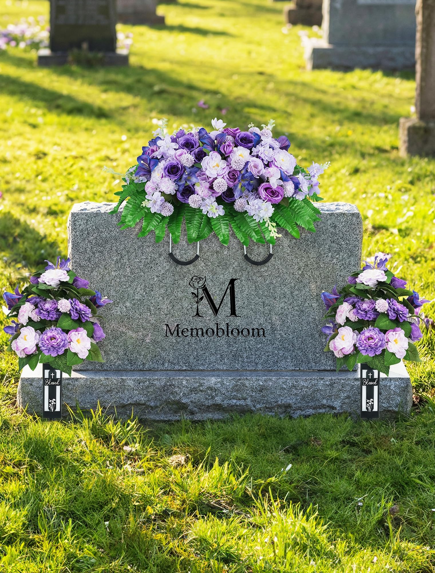 Adjustable rust-resistant handle and clips protect the headstone during installation.