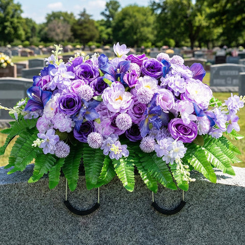Memobloom cemetery flower saddle with purple camellias and roses for a dignified gravesite.