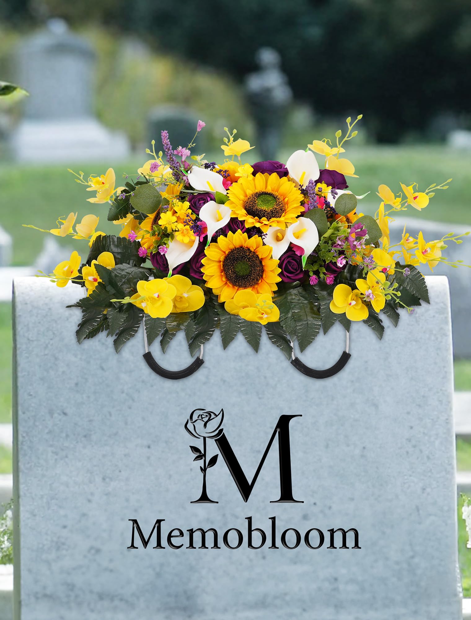 Memobloom cemetery flowers on headstone with adjustable arms for secure placement.