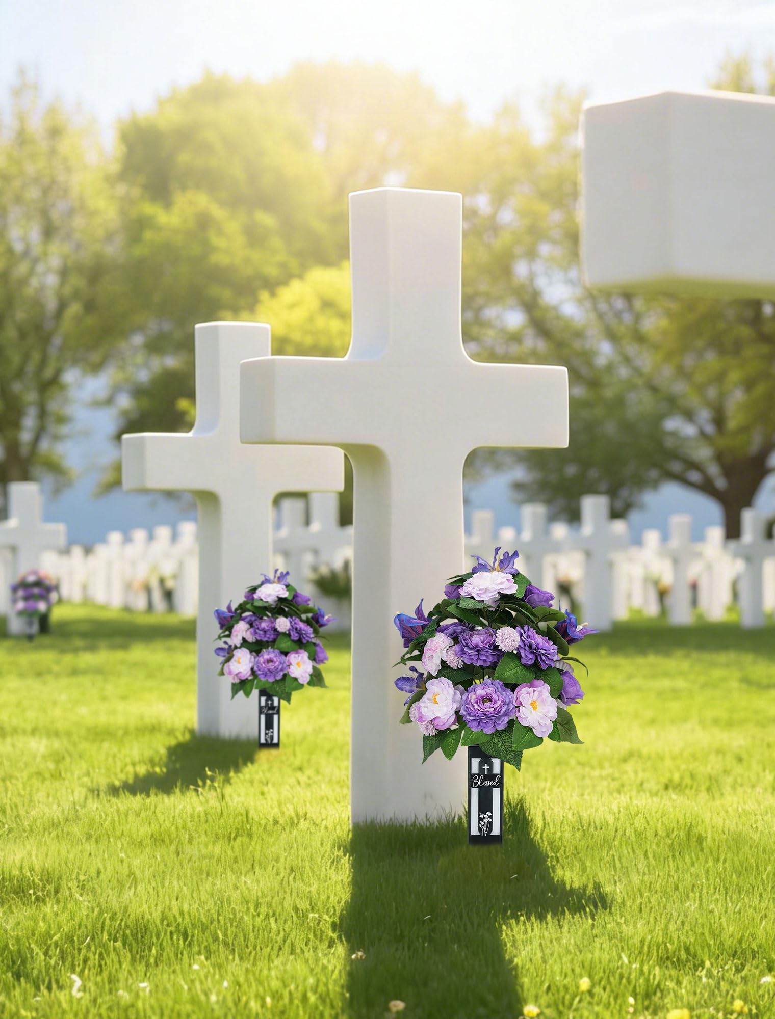 Memobloom cemetery flowers with stake and foam for secure gravesite display