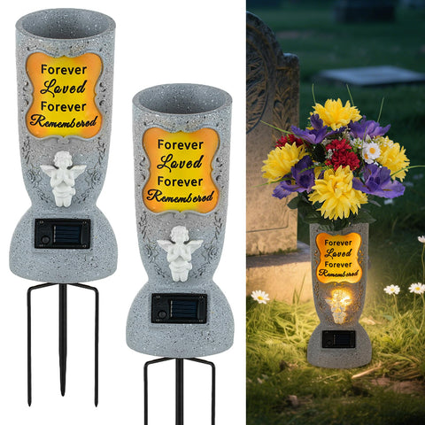 Memobloom cemetery vase with spikes and angel motif secures grave flowers all season.