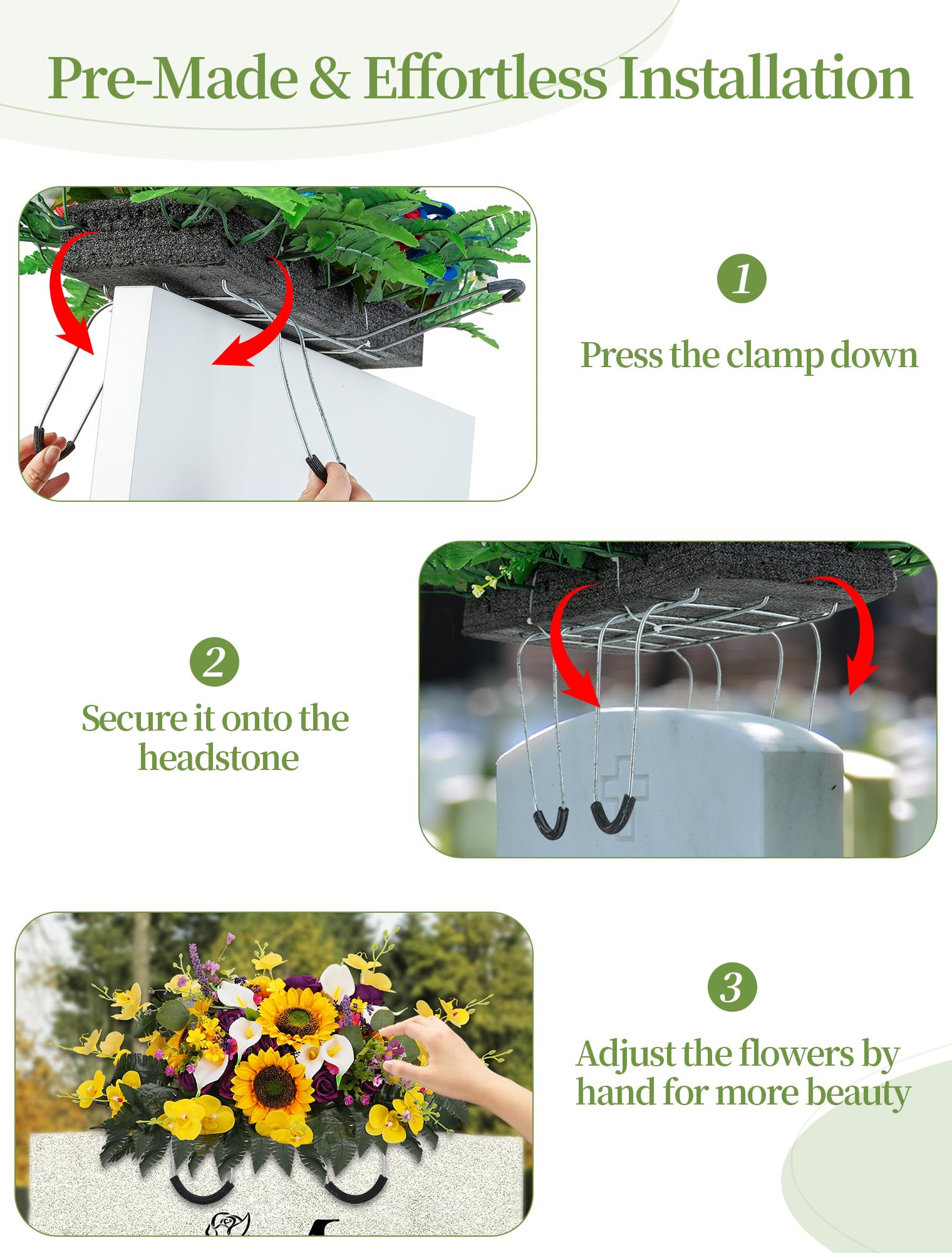 Memobloom artificial flowers resist fading, maintaining a neat memorial area.
