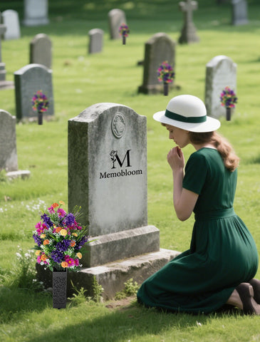 Memobloom foam-base basket demonstrates easy, stable grave-site installation.