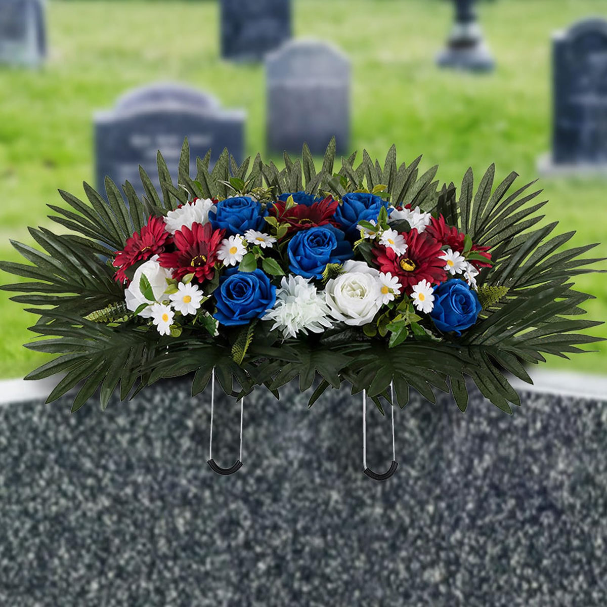 Memobloom headstone saddle on gravestone with lush silk blooms for outdoors
