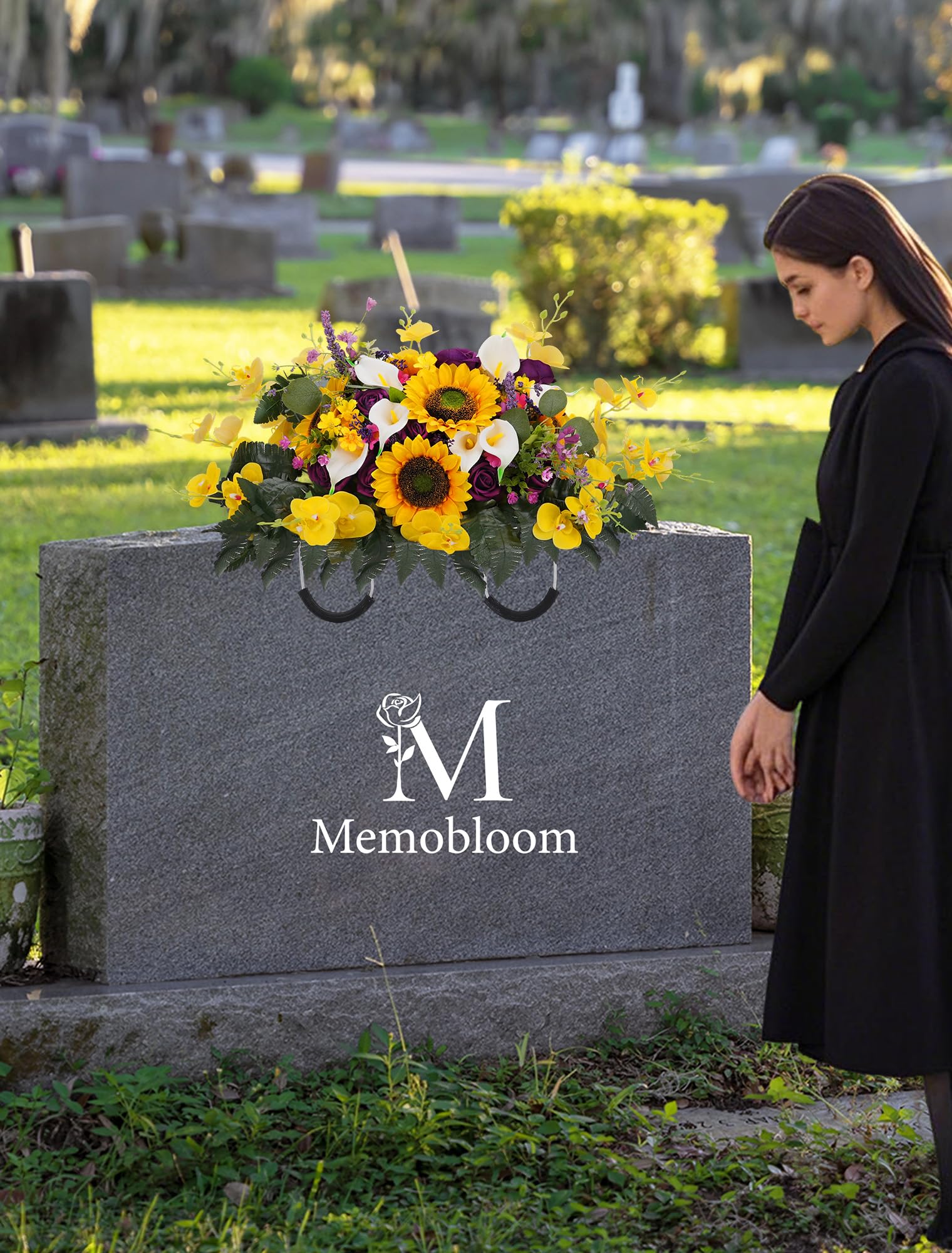 Memobloom weather-resistant headstone flowers maintain color year-round.