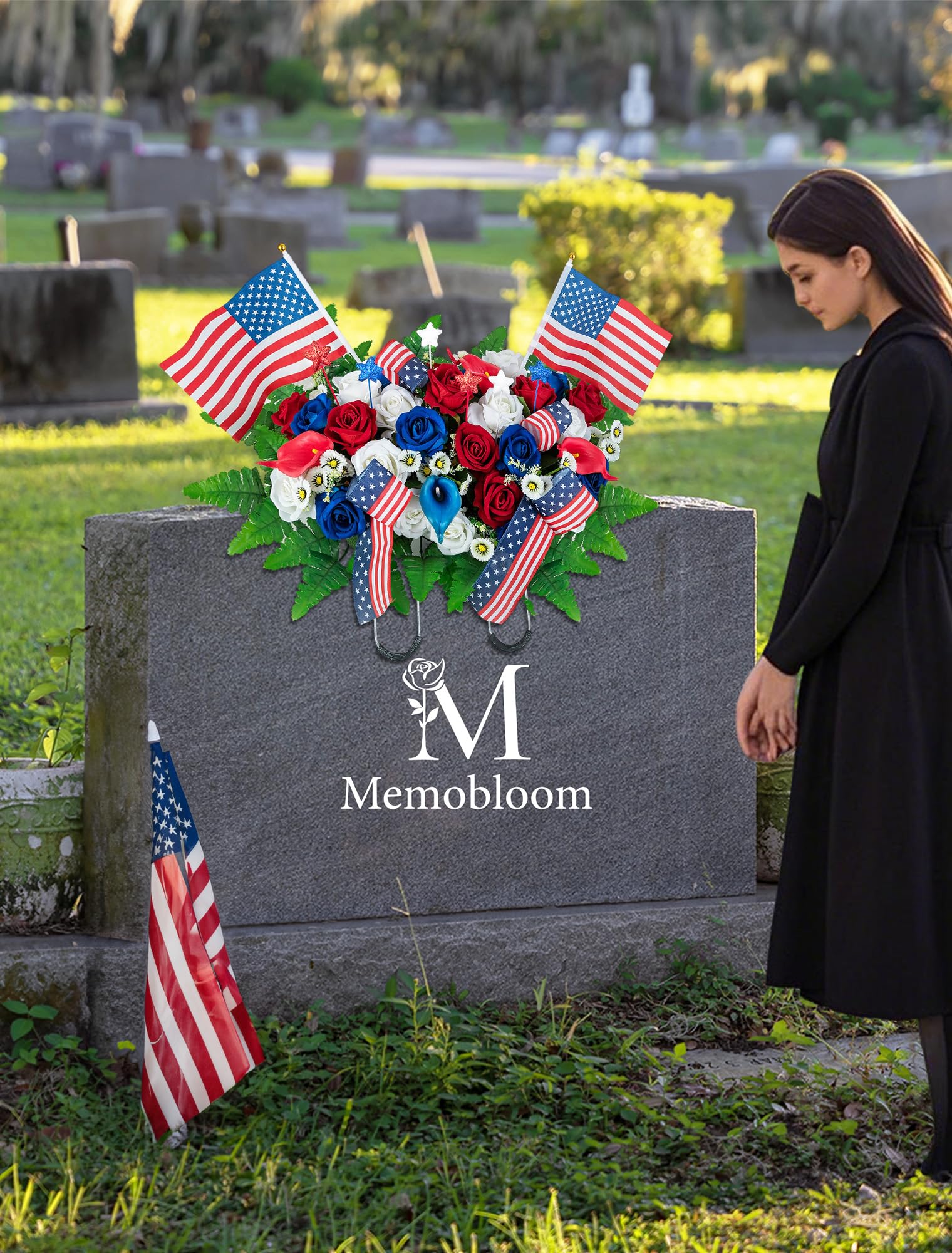 Memobloom headstone saddle with ribbon bow adds a dignified touch.