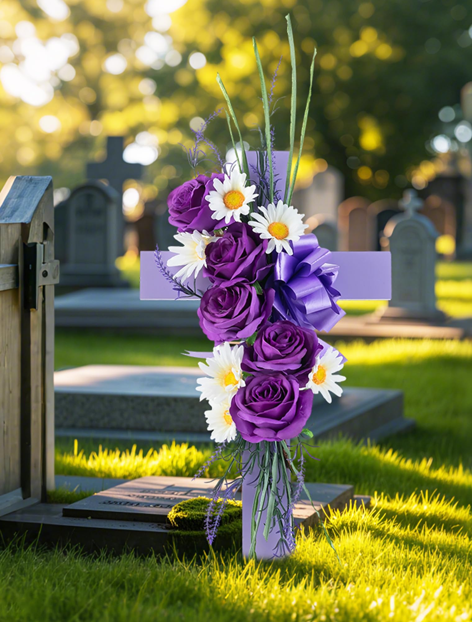 Memobloom memorial cross garden display suitable for year-round remembrance.