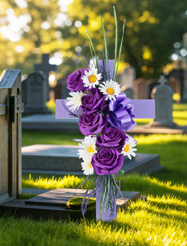 Memobloom memorial cross garden display suitable for year-round remembrance.