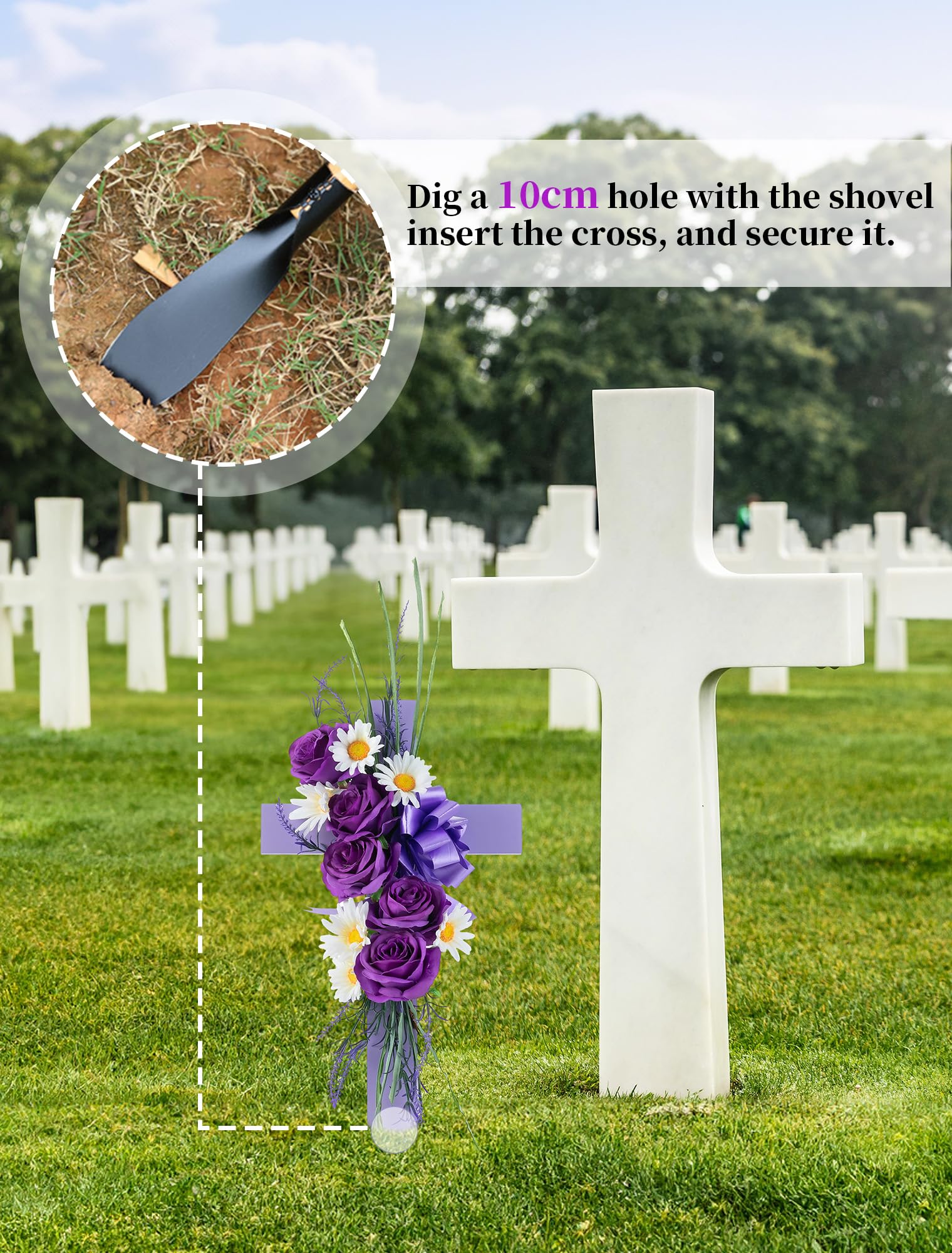 Memobloom outdoor grave decoration shown beside a gravestone in a garden setting.