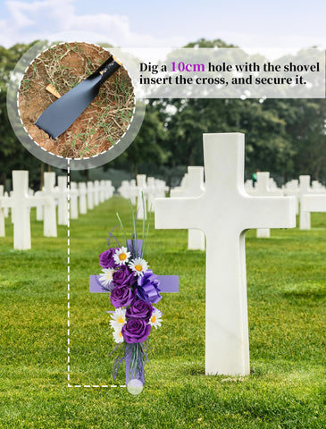 Memobloom outdoor grave decoration shown beside a gravestone in a garden setting.