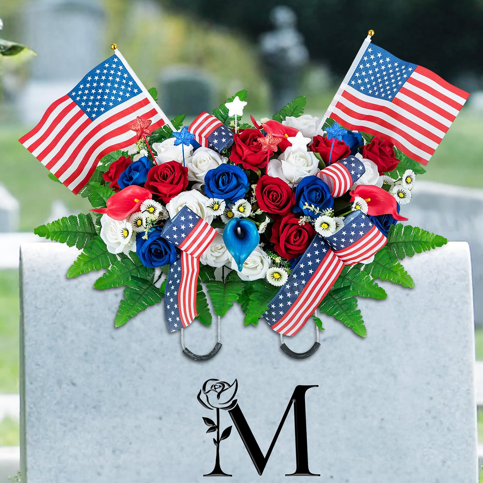 Memobloom patriotic rose saddle on grave with red, white, and blue blooms.