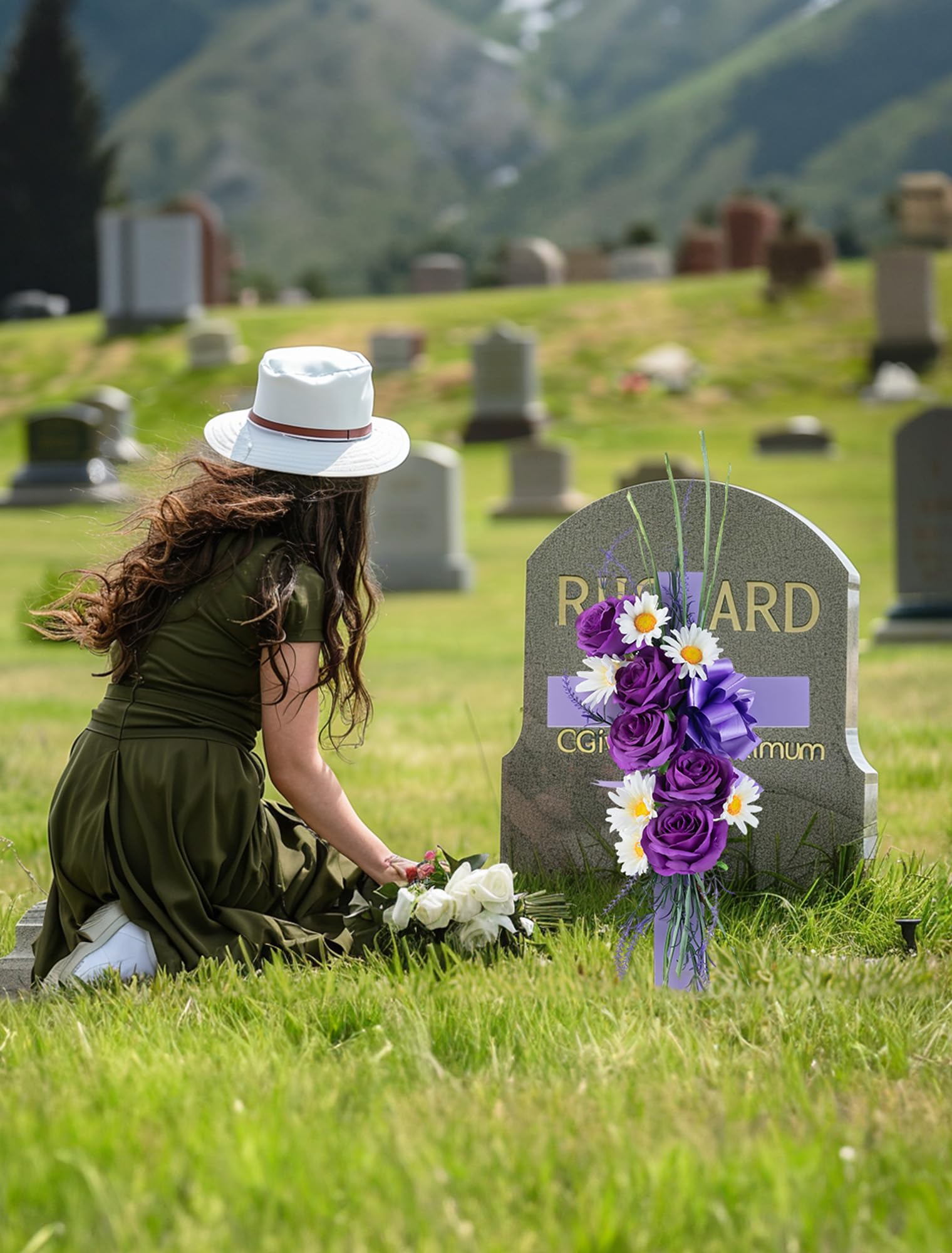Memobloom purple roses artificial flowers cross, vibrant and long-lasting adornment for graves.