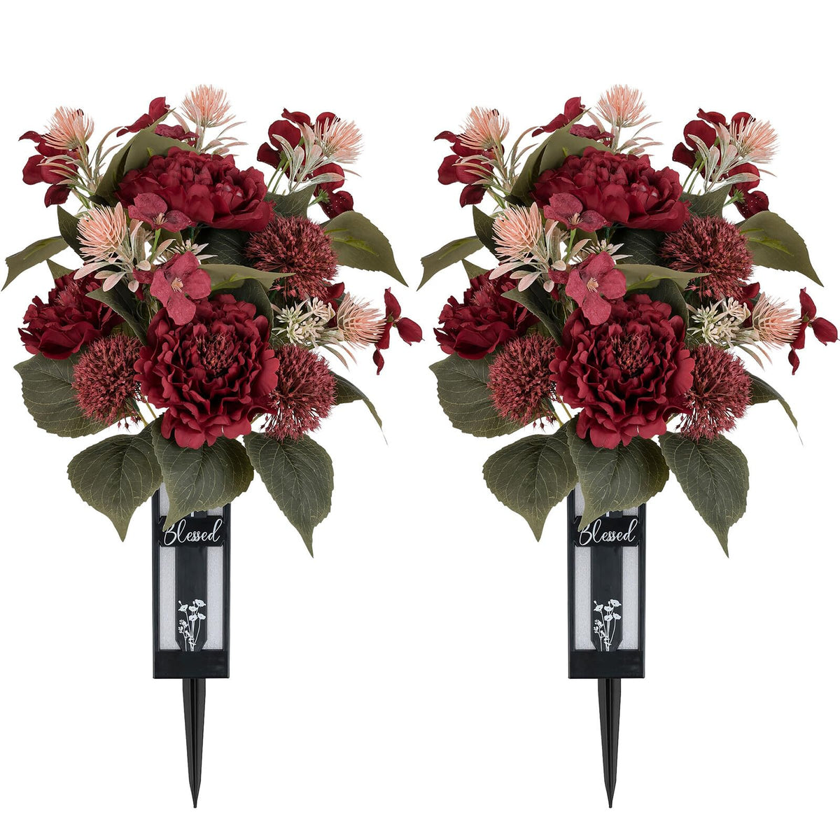 Memobloom red cemetery flowers bouquet adds lifelike color to the grave.