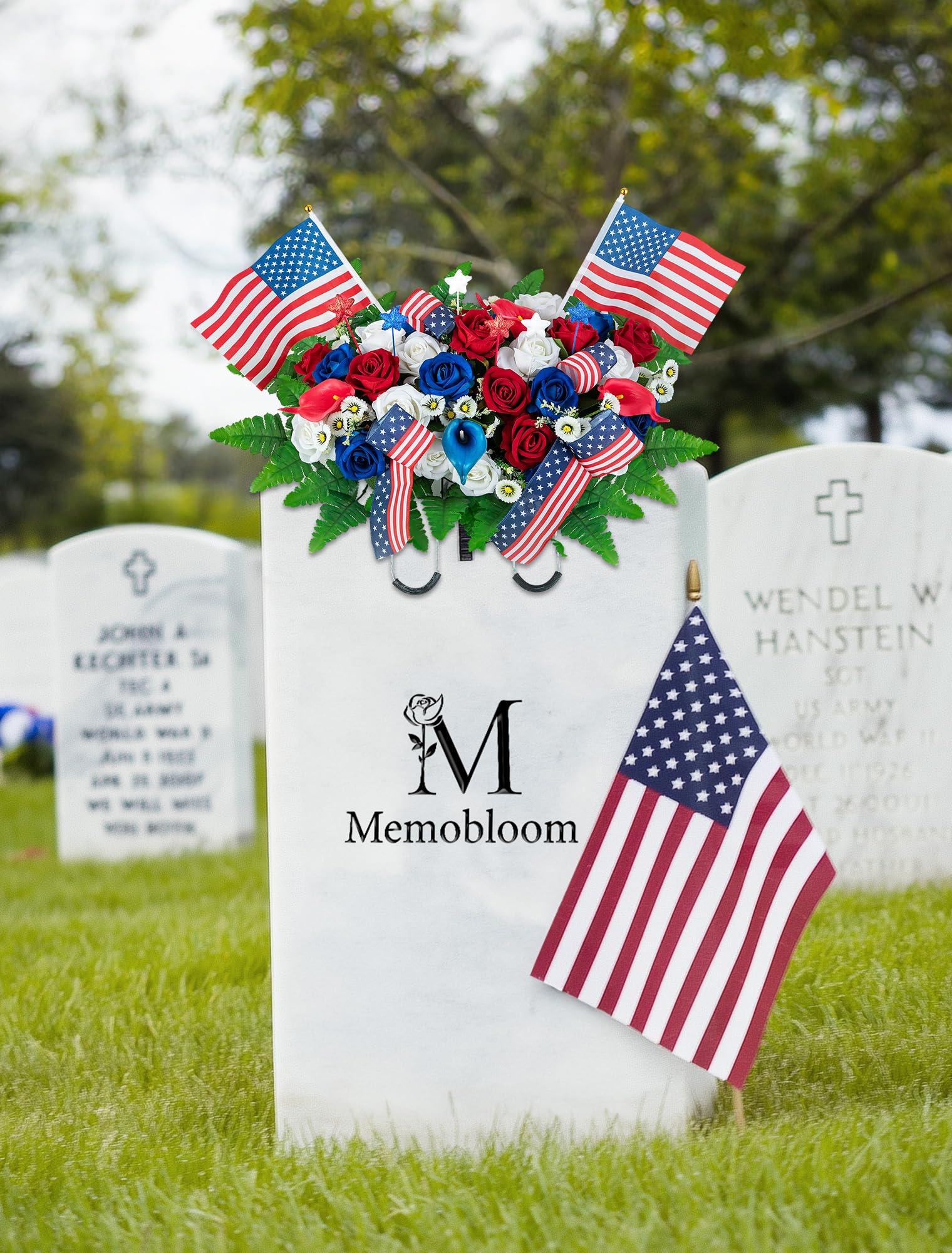 Memobloom red white blue roses and flags create a vivid cemetery display.