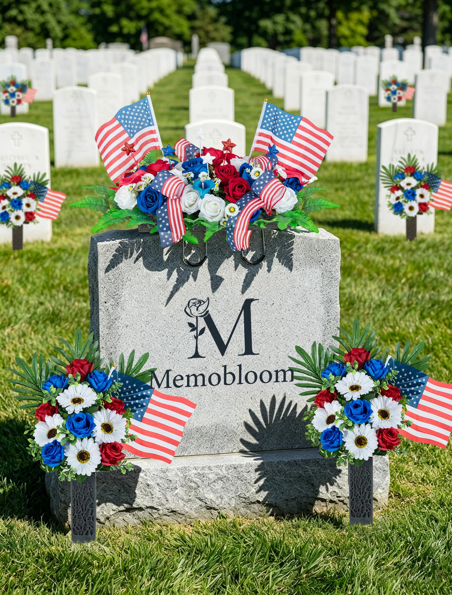 Memobloom red, white and blue roses with white gerberas for remembrance.