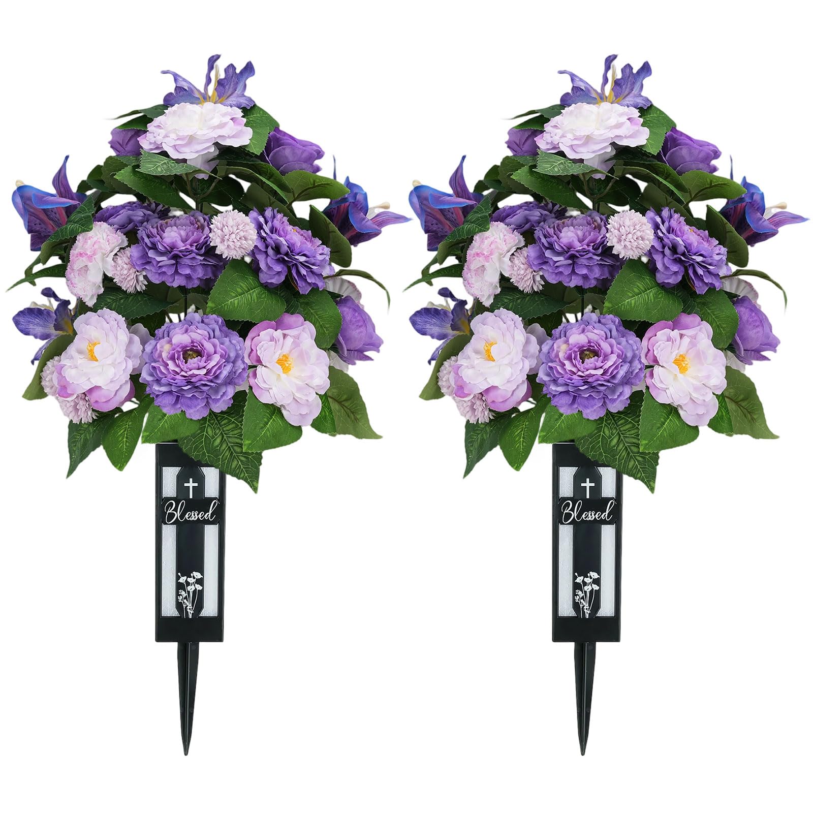 Memobloom silk grave flowers: two purple camellia bouquets for graveside remembrance