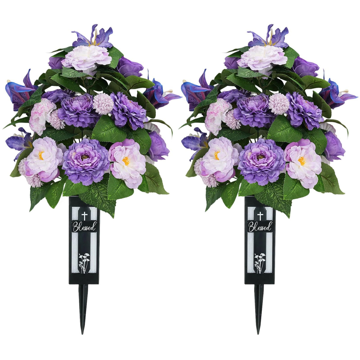 Memobloom silk grave flowers: two purple camellia bouquets for graveside remembrance