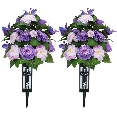 Memobloom silk grave flowers: two purple camellia bouquets for graveside remembrance
