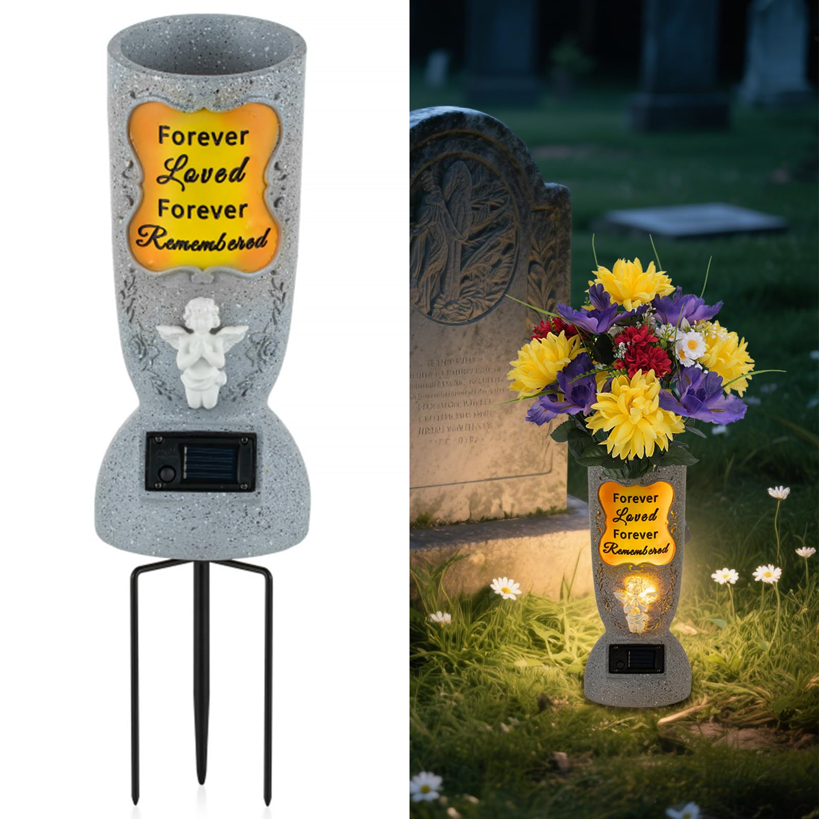Memobloom solar cemetery grave vase with angel offers a tranquil memorial at the grave.