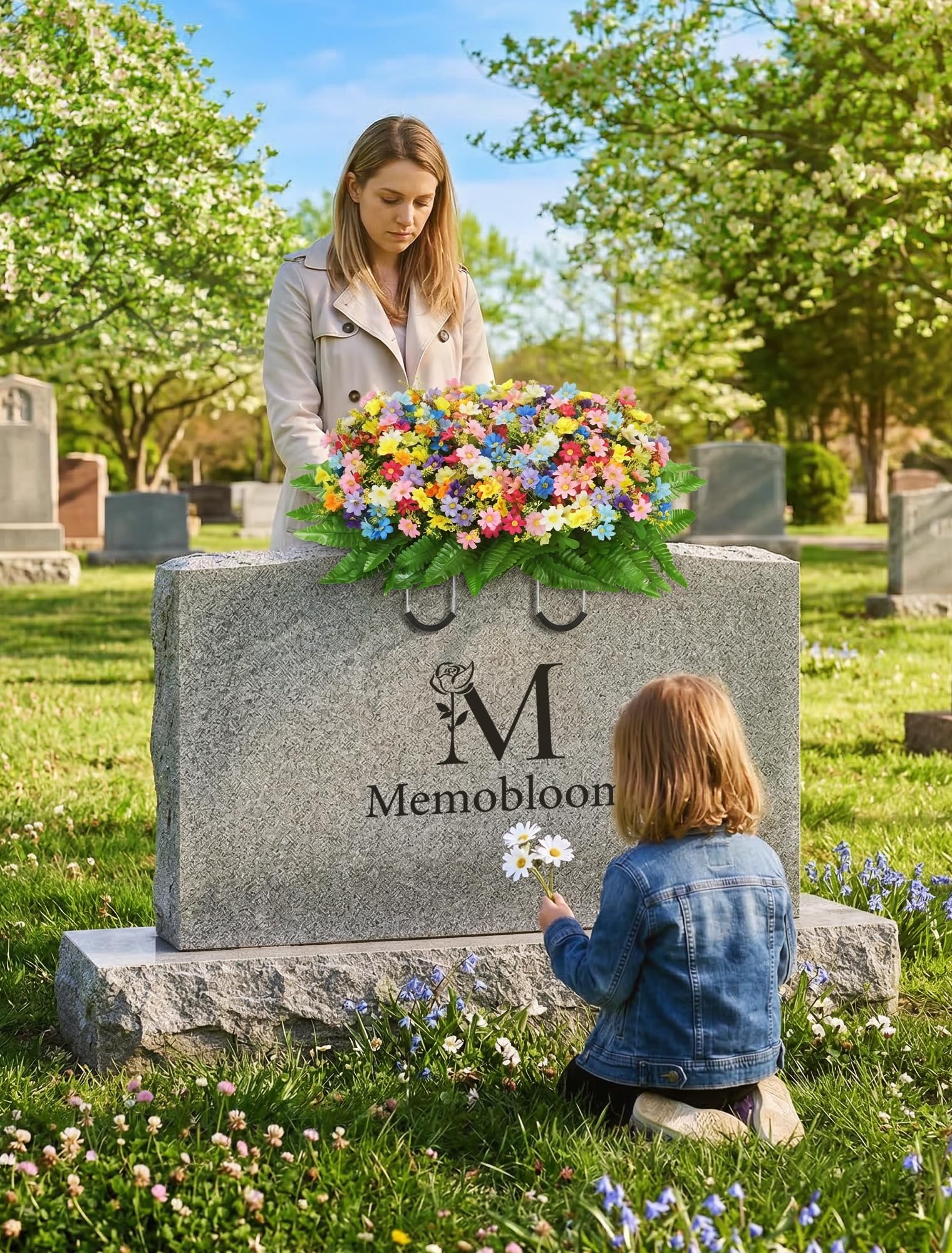 Memobloom spring wildflowers add seasonal color to cemetery saddles.
