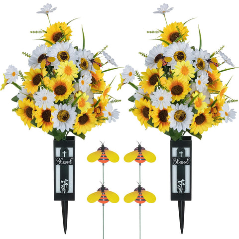 Memobloom sunflower grave bouquet 2pc, lifelike gravesite decor