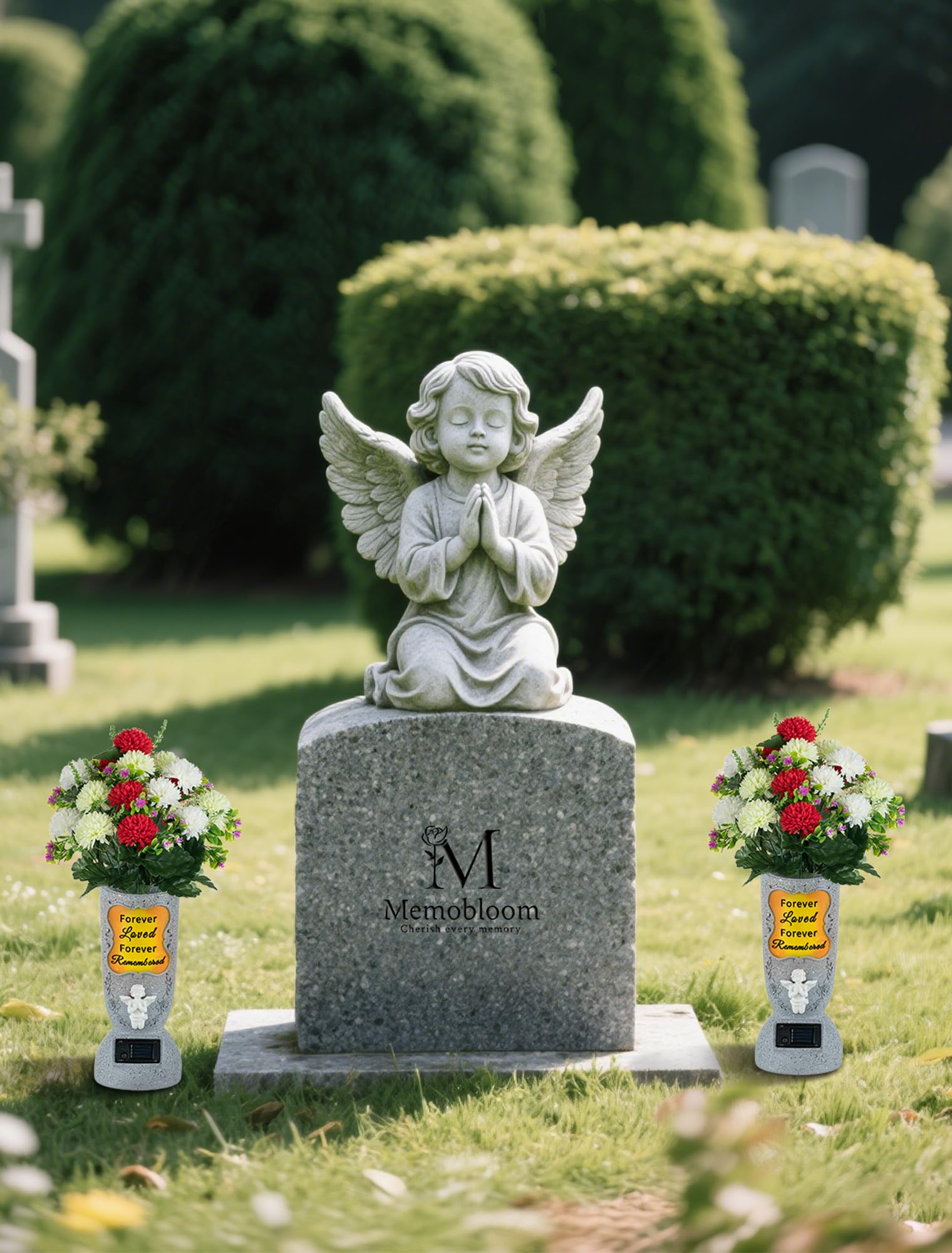 Memobloom two-pack grave vase with spikes for stable outdoor memorial displays.