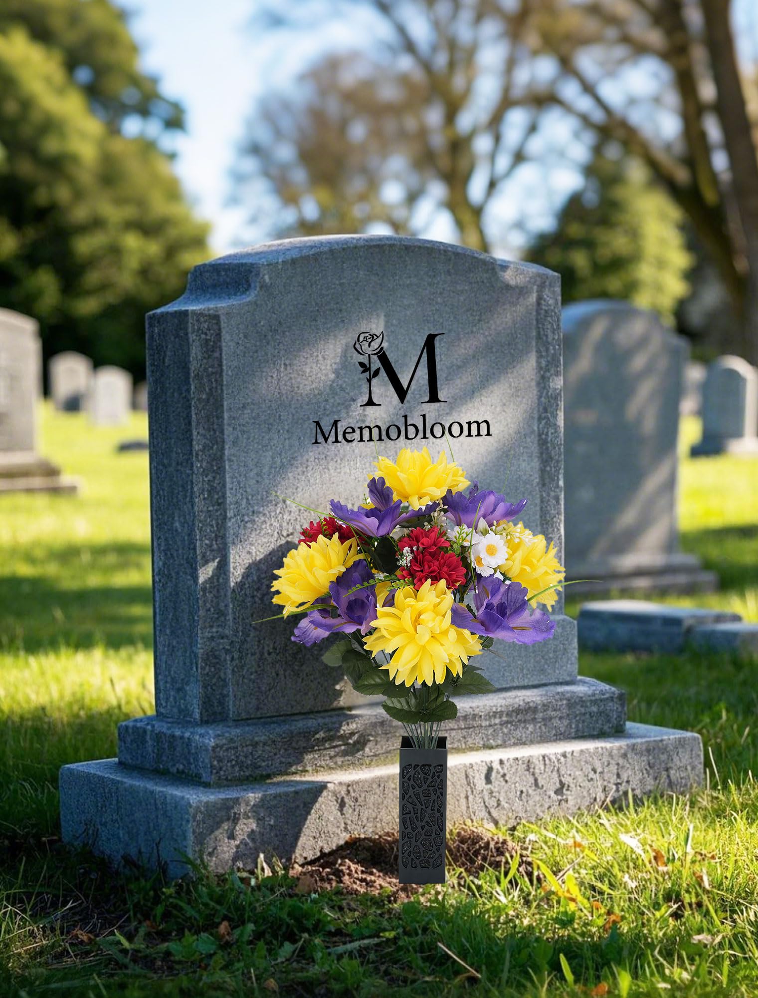 Memobloom two-piece cemetery flowers provide a versatile seasonal memorial option.