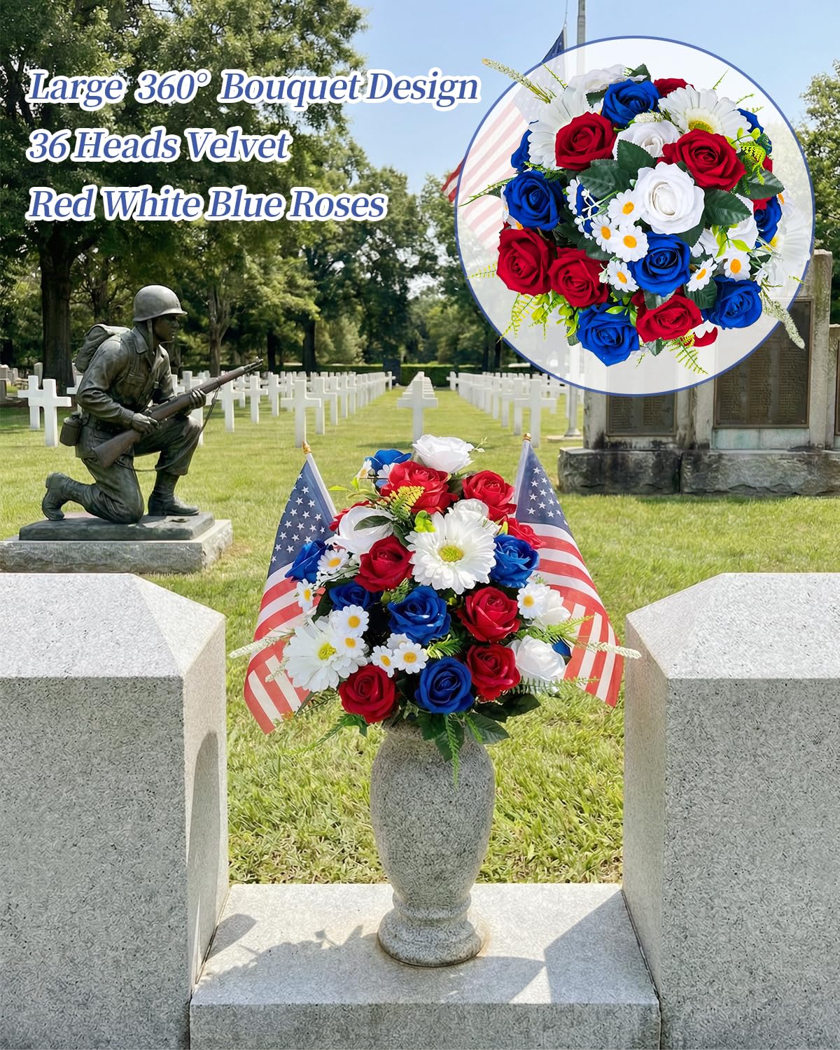Memobloom velvet red, white and blue roses highlighting patriotic colors for graves