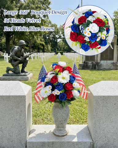 Memobloom velvet red, white and blue roses highlighting patriotic colors for graves