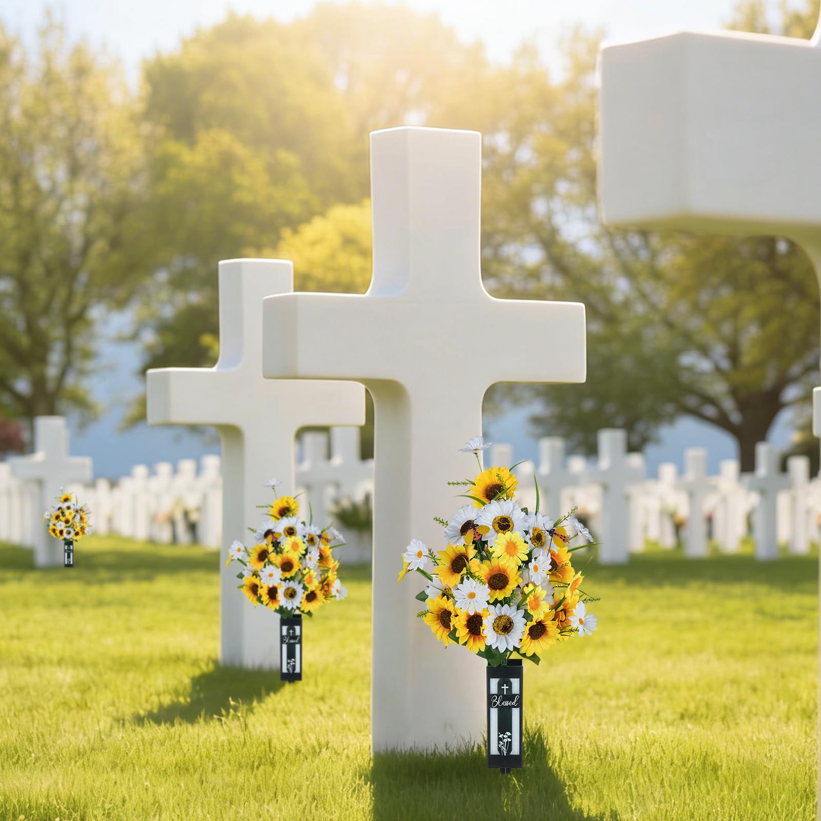 Memobloom white and yellow sunflowers with daisies, warm memorial