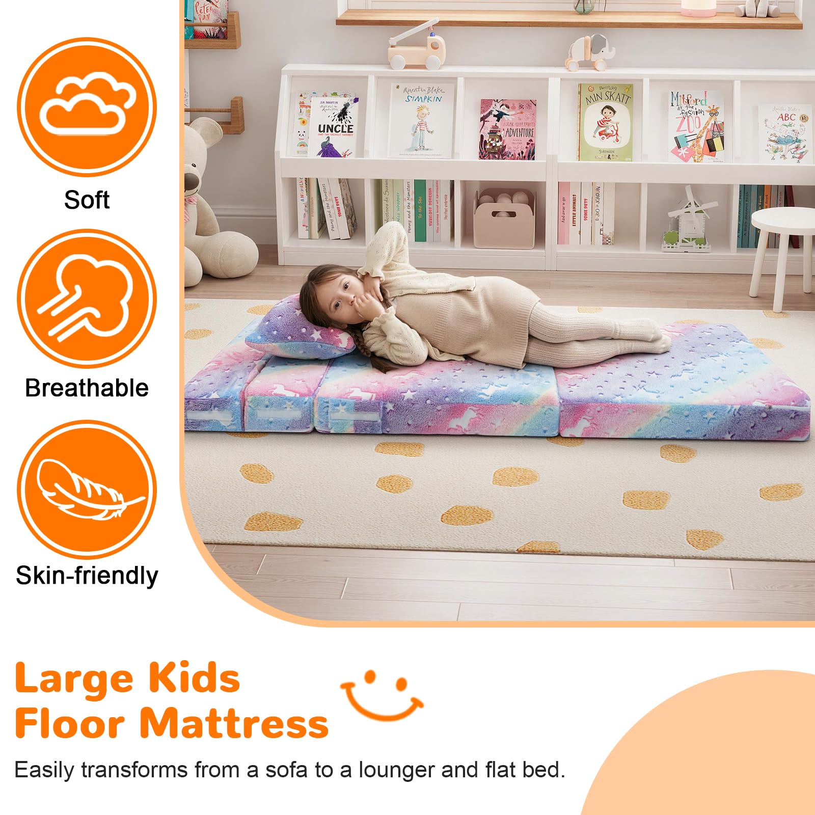 MeMoreCool floor lounger bed for playroom creates space-saving seating.