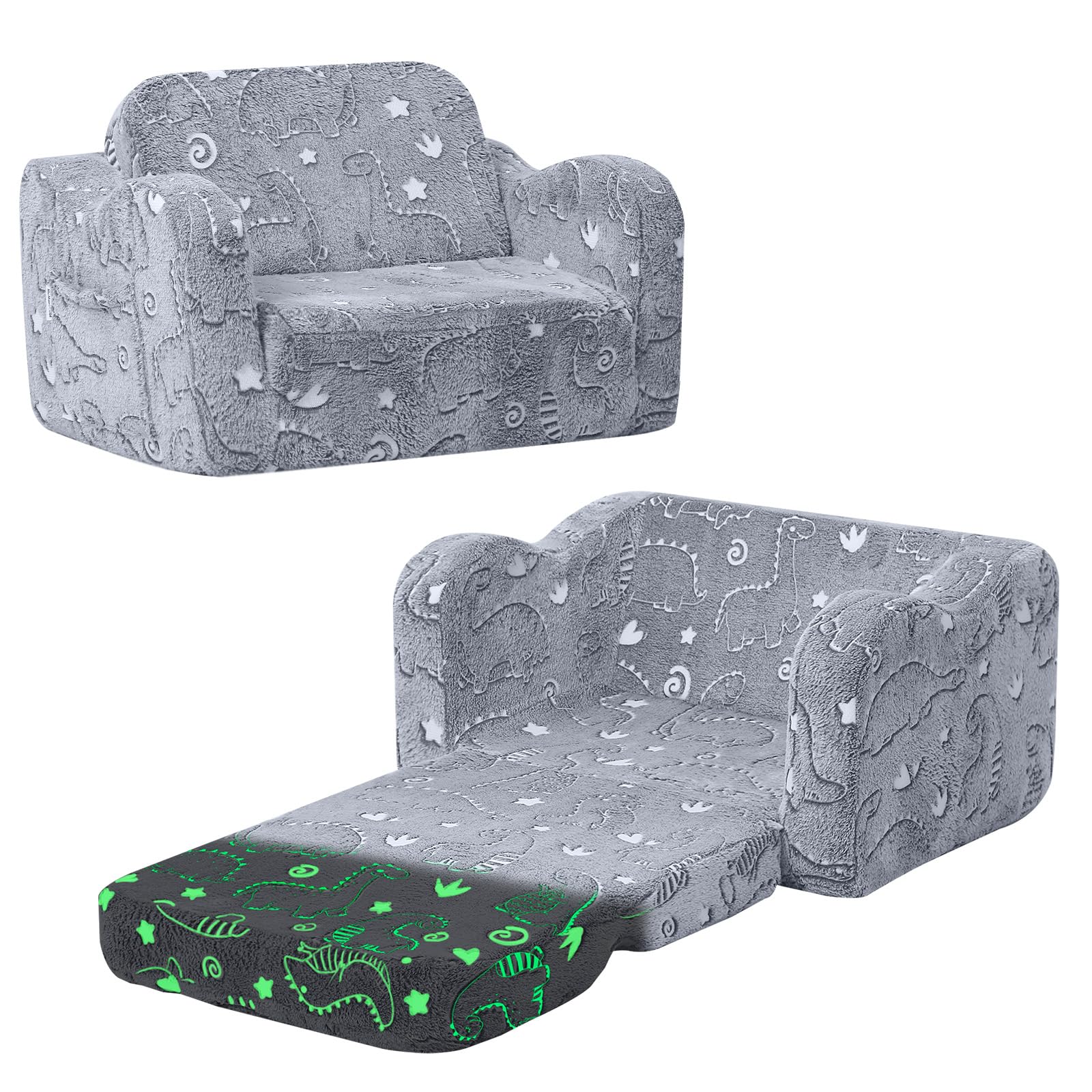 MeMoreCool glow dinosaur couch front view for comfy playtime seating.