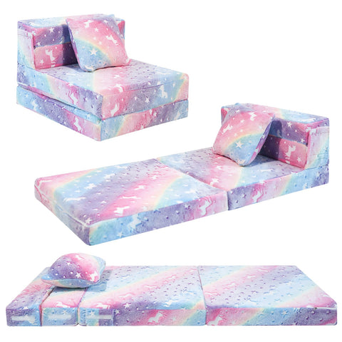 MeMoreCool glow rainbow unicorn tri-fold bed glows at night for cozy playtime.