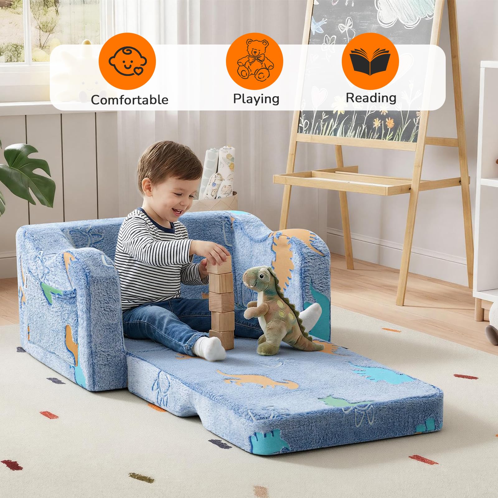MeMoreCool glowing dinosaur chair side view, ready for quick play breaks