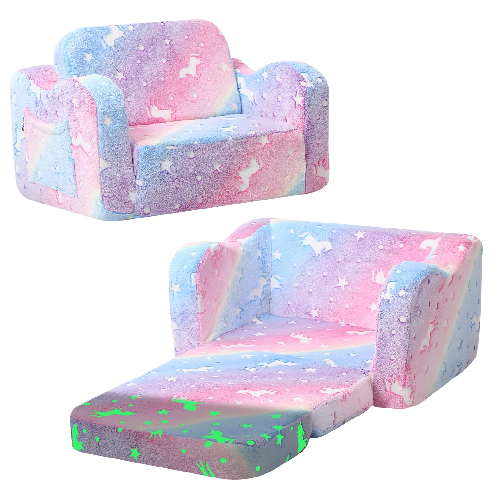 MeMoreCool glowing rainbow unicorn chair glows softly for nighttime play