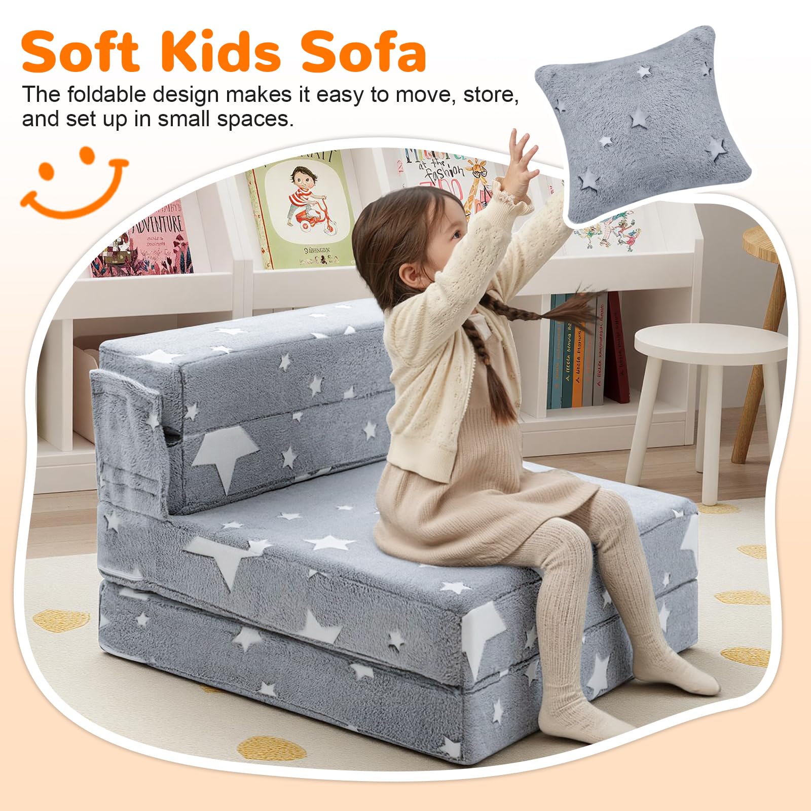 MeMoreCool Kids Tri-Fold Sofa Bed folded mode for compact storage after play