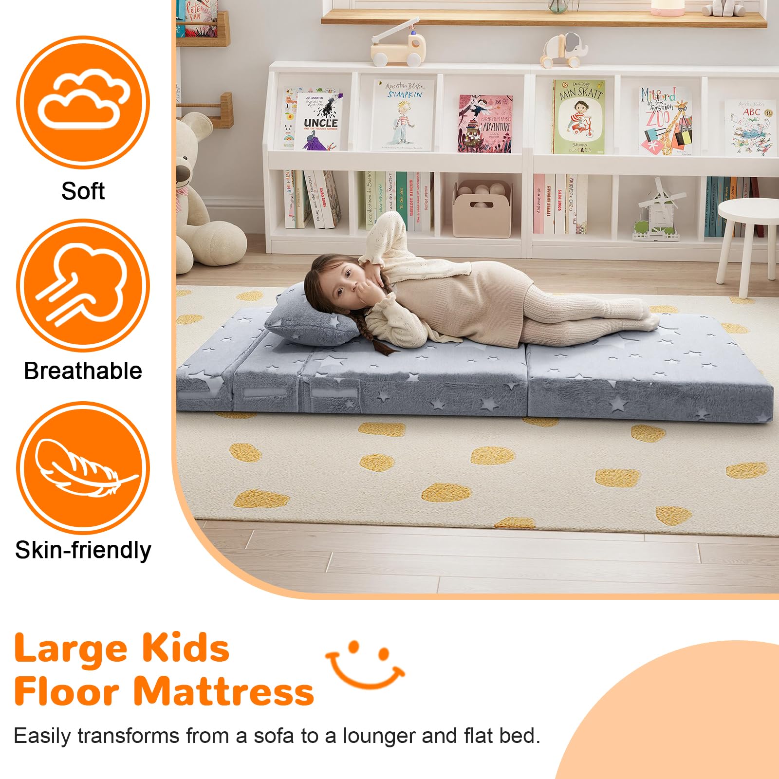 MeMoreCool Kids Tri-Fold Sofa Bed glow stars create magical nighttime ambiance