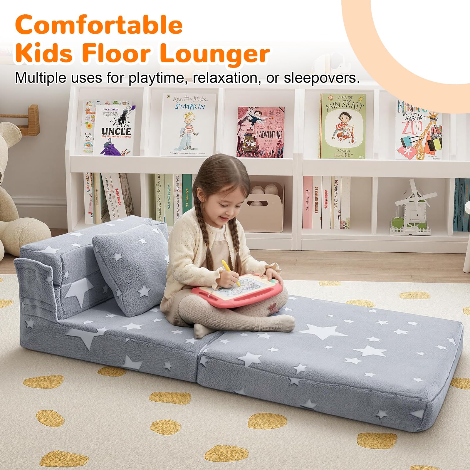 MeMoreCool Kids Tri-Fold Sofa Bed upright chair ready for quick seating