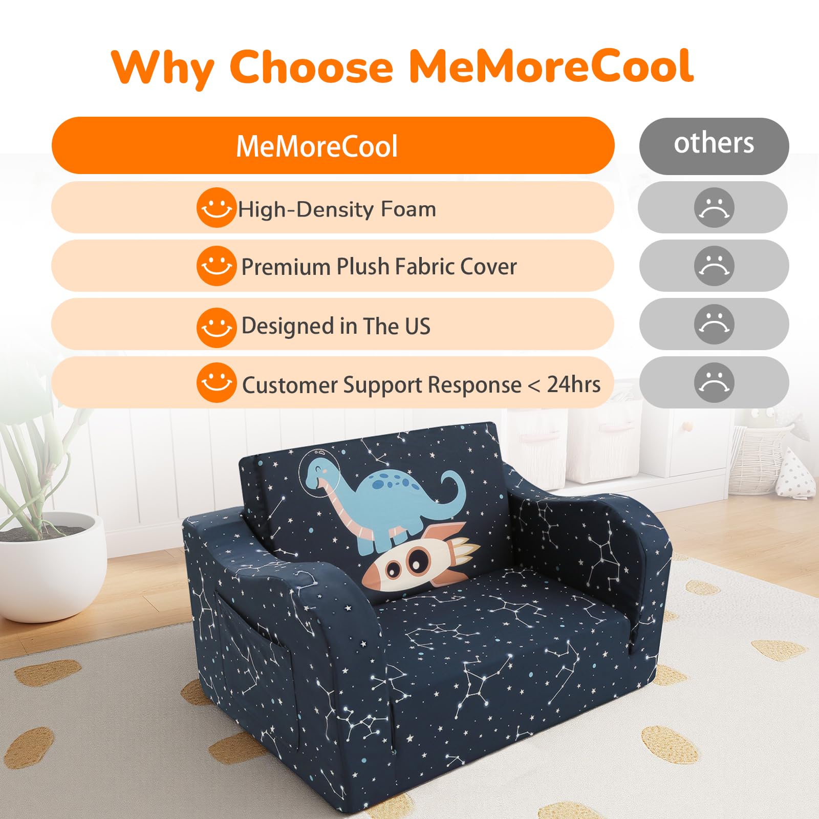 MeMoreCool side pocket and armrests for toys on the couch