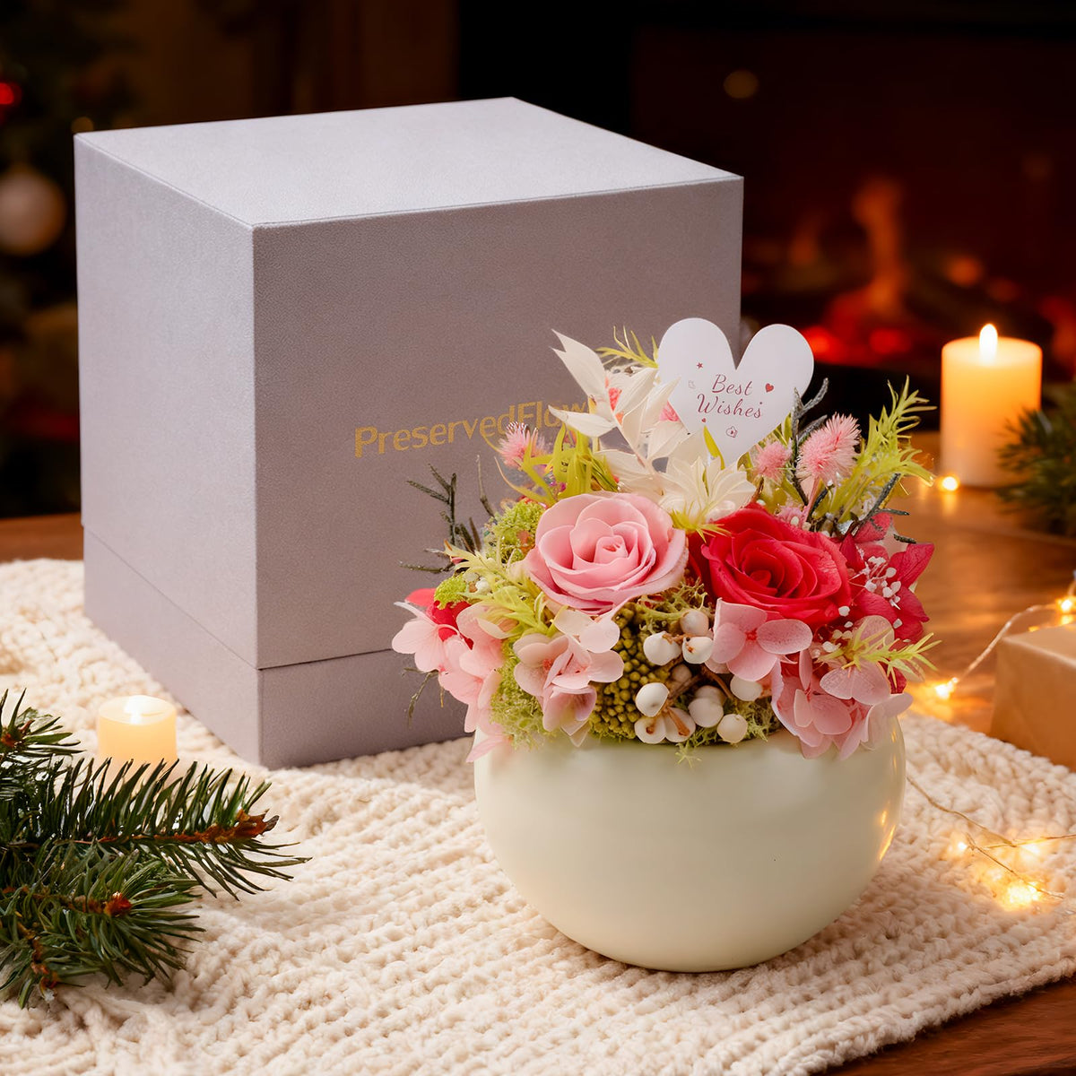 Memorvia preserved flower with pink vase, maintenance-free beauty for desk, shelf, or coffee table.
