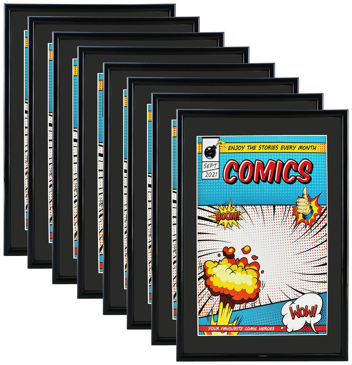 Memory Keeper comic frame front view shows a black piano finish for stylish wall display.