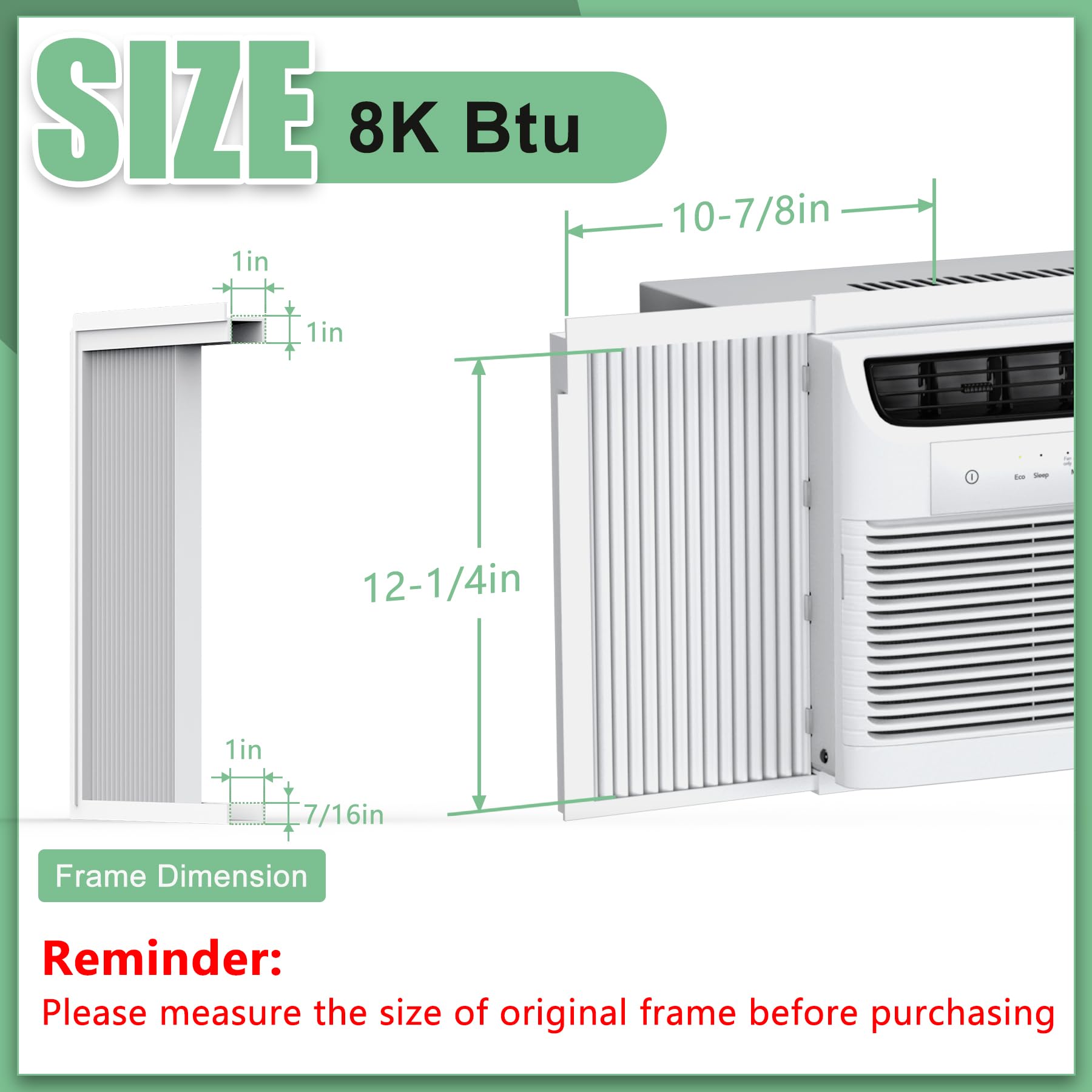 Memrita window AC side panel right frame-set enhances insulation for 8000 BTU units.