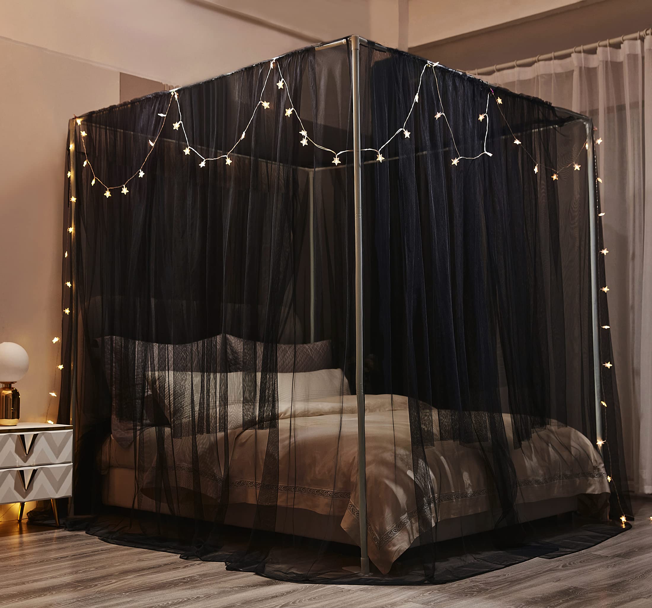 Mengersi bed canopy drapery setup showing easy ceiling install