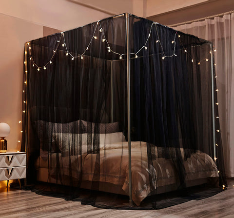 Mengersi bed canopy drapery setup showing easy ceiling install
