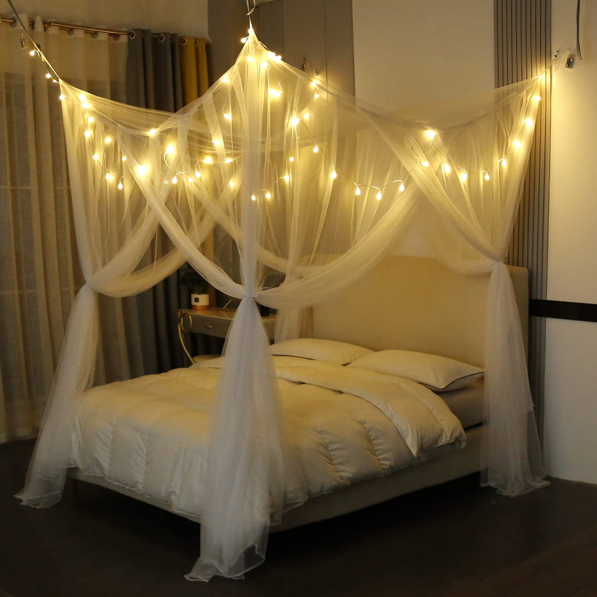 Mengersi bed canopy with lights over a full-size bed for a dreamy bedroom.