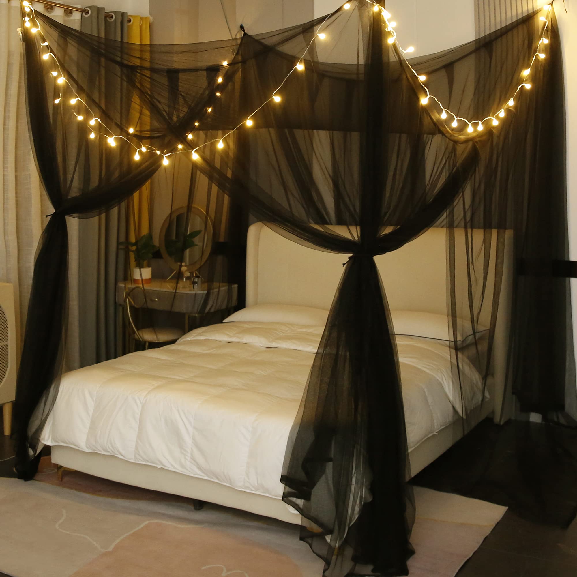Mengersi canopy bed curtains with lights on a king bed create a romantic ambiance