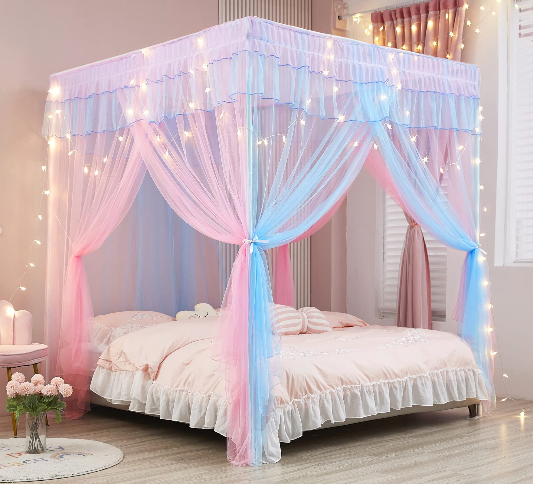 Mengersi Rainbow Canopy over twin bed with lights for a magical princess look.