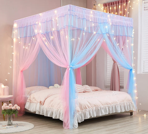 Mengersi Rainbow Canopy over twin bed with lights for a magical princess look.